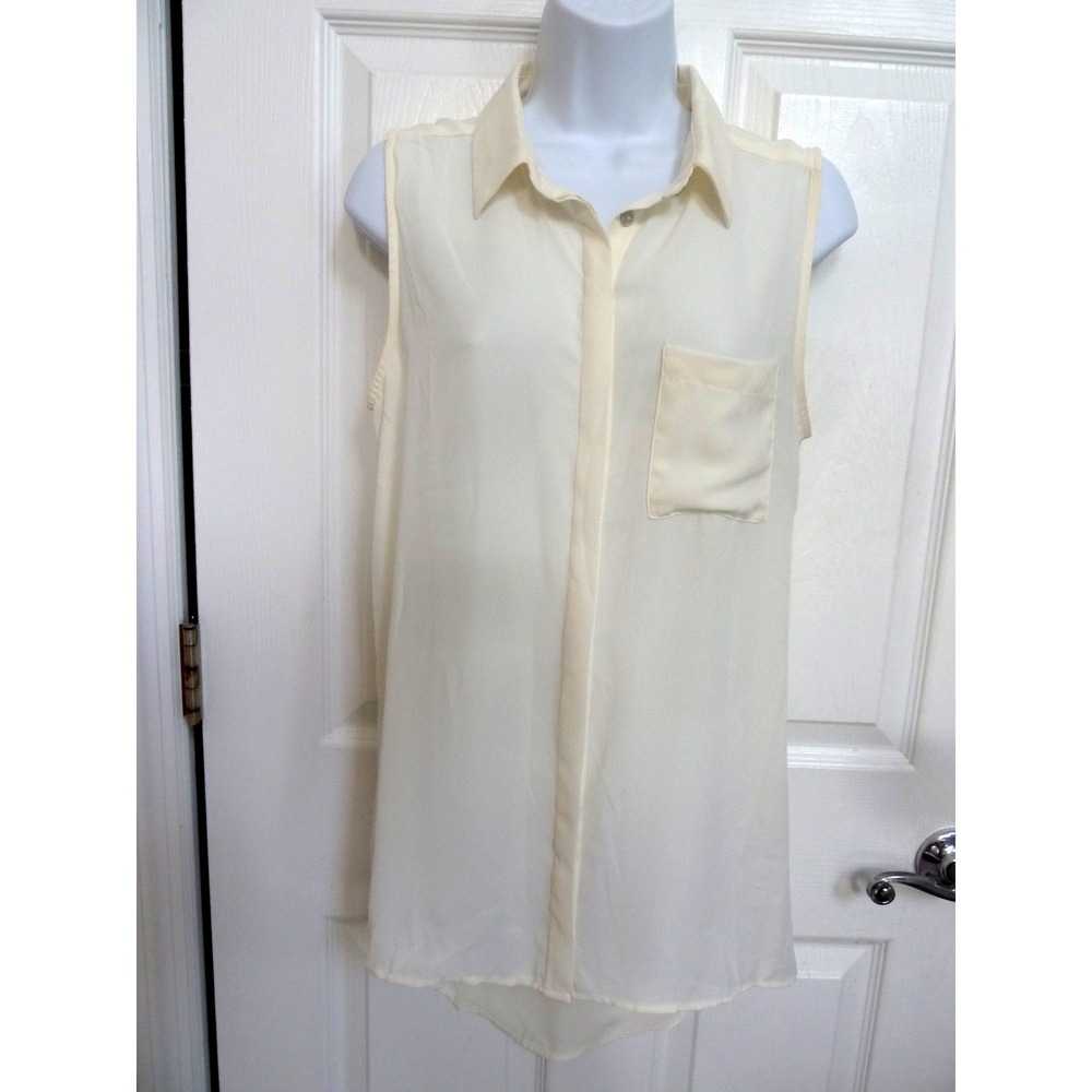 Forever 21 Womens Sleeveless Tunic Blouse Cream Hi-Lo Button Up Office Medium